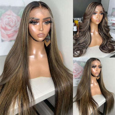 Glueless Highlight Blonde Straight/Body Wave Transparent 5x5 Lace Part Wig Brown Highlights Human Hair Wave Wigs - Geetahair - GeetaHair