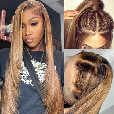 Straight Hair Honey Blonde Highlight Wig 13x4 HD Transparent Lace Human Hair Wigs Pre Plucked With Baby Hair - Geetahair - GeetaHair