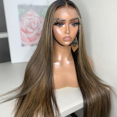 Glueless Highlight Blonde Straight/Body Wave Transparent 5x5 Lace Part Wig Brown Highlights Human Hair Wave Wigs - Geetahair - GeetaHair
