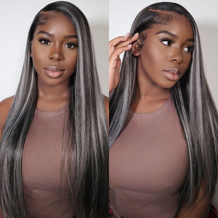 Platinum Gray Highlight 13x4 HD Lace Wig Straight Hair Black With Blond Highlights Lace Front Wig Plucked Natural Hairline With Baby Hair - Geeta Hair - GeetaHair