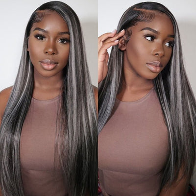 Platinum Gray Highlight 13x4 HD Lace Wig Straight Hair Black With Blond Highlights Lace Front Wig Plucked Natural Hairline With Baby Hair - Geeta Hair - GeetaHair