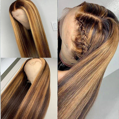 Straight Hair Honey Blonde Highlight Wig 13x4 HD Transparent Lace Human Hair Wigs Pre Plucked With Baby Hair - Geetahair - GeetaHair