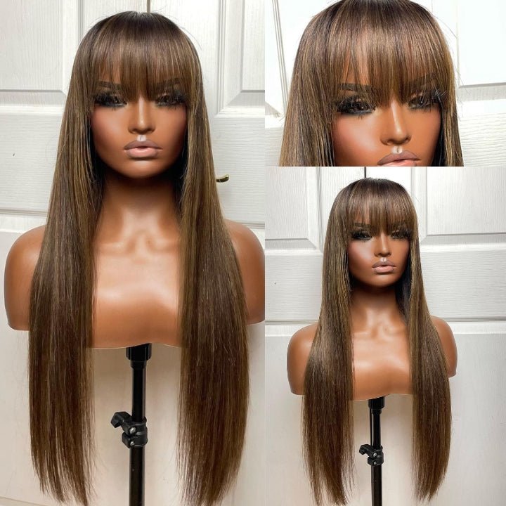 Put On&Go Light Brown With Blonde Straight Glueless 5x5 HD Lace Wig With bangs Highlight Colored Easy to Wear Human Hair Wigs - Geeta Hair - GeetaHair