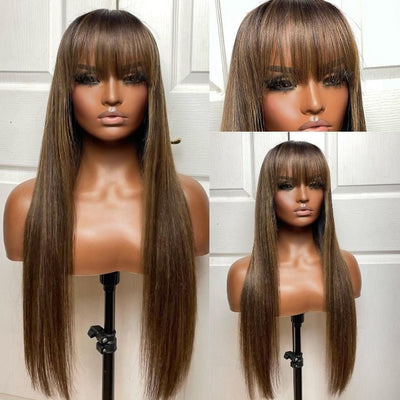 Put On&Go Light Brown With Blonde Straight Glueless 5x5 HD Lace Wig With bangs Highlight Colored Easy to Wear Human Hair Wigs - Geeta Hair - GeetaHair