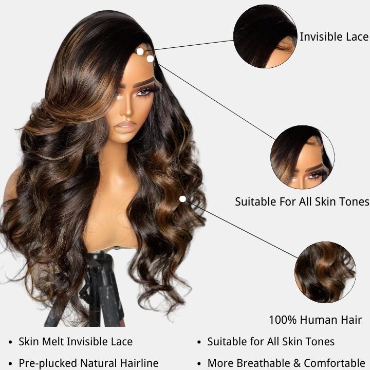 Balayage Light Brown Body Wave Glueless Transparent Lace Front Wig Highlight Pre Plucked Hairline Human Hair Wigs - GeetaHair - GeetaHair