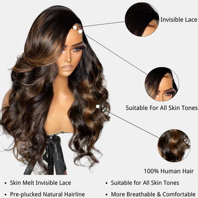 Balayage Light Brown Body Wave Glueless Transparent Lace Front Wig Highlight Pre Plucked Hairline Human Hair Wigs - GeetaHair - GeetaHair