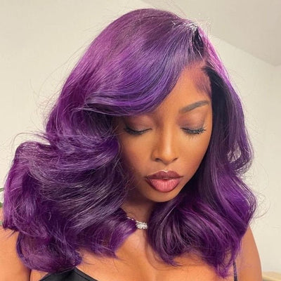Funky Colored Wigs | Glueless 13x4/6x4.5 Smokey Deep Purple Shoulder Body Wave HD Transaparent Pre Cut Lace Human Hair Wigs With Breathable Cap Highlights Air Wig - Geeta Hair - GeetaHair