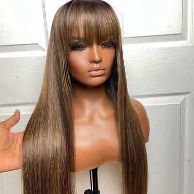 Put On&Go Light Brown With Blonde Straight Glueless 5x5 HD Lace Wig With bangs Highlight Colored Easy to Wear Human Hair Wigs - Geeta Hair - GeetaHair