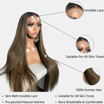 Glueless Highlight Blonde Straight/Body Wave Transparent 5x5 Lace Part Wig Brown Highlights Human Hair Wave Wigs - Geetahair - GeetaHair