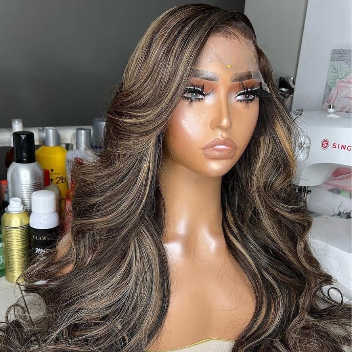 Glueless Highlight Blonde Straight/Body Wave Transparent 5x5 Lace Part Wig Brown Highlights Human Hair Wave Wigs - Geetahair - GeetaHair