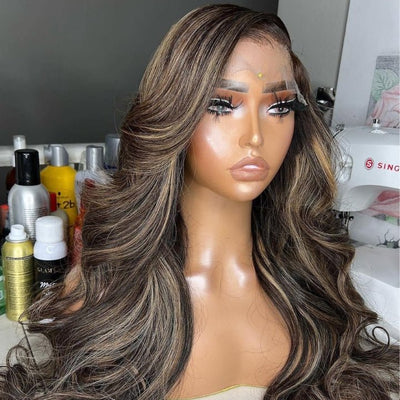Glueless Highlight Blonde Straight/Body Wave Transparent 5x5 Lace Part Wig Brown Highlights Human Hair Wave Wigs - Geetahair - GeetaHair