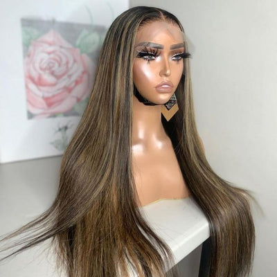 Glueless Highlight Blonde Straight/Body Wave Transparent 5x5 Lace Part Wig Brown Highlights Human Hair Wave Wigs - Geetahair - GeetaHair