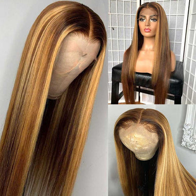 Straight Hair Honey Blonde Highlight Wig 13x4 HD Transparent Lace Human Hair Wigs Pre Plucked With Baby Hair - Geetahair - GeetaHair