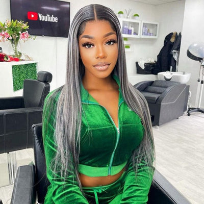 Platinum Gray Highlight 13x4 HD Lace Wig Straight Hair Black With Blond Highlights Lace Front Wig Plucked Natural Hairline With Baby Hair - Geeta Hair - GeetaHair