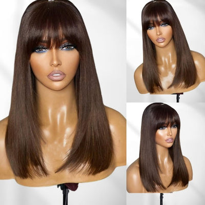 Put On&Go Brown Straight Glueless 5x5 HD Lace Wig With bangs Easy to Wear Lace Human Hair Wigs - GeetaHair - GeetaHair