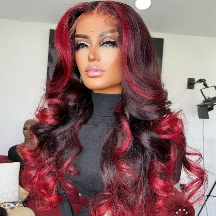 Body Wave 13x4 HD Lace Highlight Wig Ombre Dark Burgundy Human Hair Frontal Wigs With Rose Red Highlights Pre Plucked Hairline-Geeta Hair