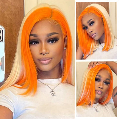 Skunk Stripe Hair Straight Lace Front Bob Wig With Orange Highlight HD Transparent Lace Human Hair Bob Wigs - GeetaHair