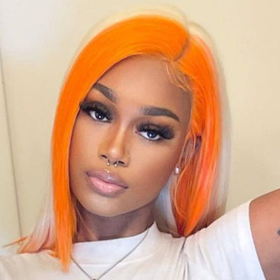 Skunk Stripe Hair Straight Lace Front Bob Wig With Orange Highlight HD Transparent Lace Human Hair Bob Wigs - GeetaHair