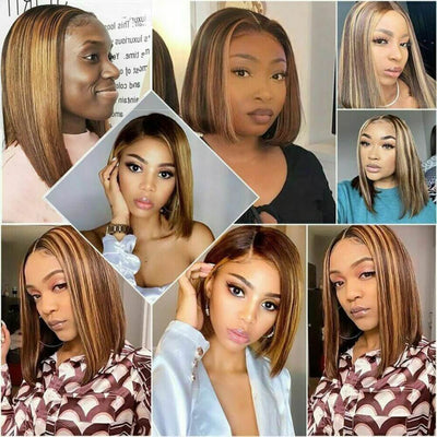 Straight Hair Honey Blonde Highlight Bob Human Hair Wigs HD Lace 13x4/4x4 Frontal/Closure Ombre Glueless Wigs - Geeta Hair - GeetaHair