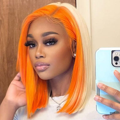 Skunk Stripe Hair Straight Lace Front Bob Wig With Orange Highlight HD Transparent Lace Human Hair Bob Wigs - GeetaHair
