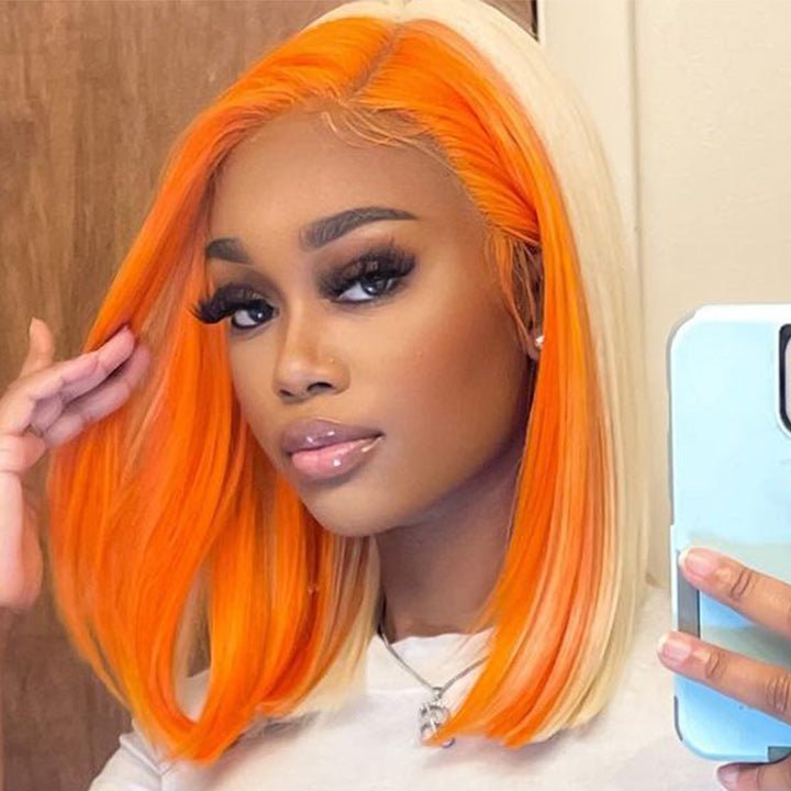 Skunk Stripe Hair Straight Lace Front Bob Wig With Orange Highlight HD Transparent Lace Human Hair Bob Wigs - GeetaHair