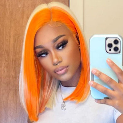 Skunk Stripe Hair Straight Lace Front Bob Wig With Orange Highlight HD Transparent Lace Human Hair Bob Wigs - GeetaHair