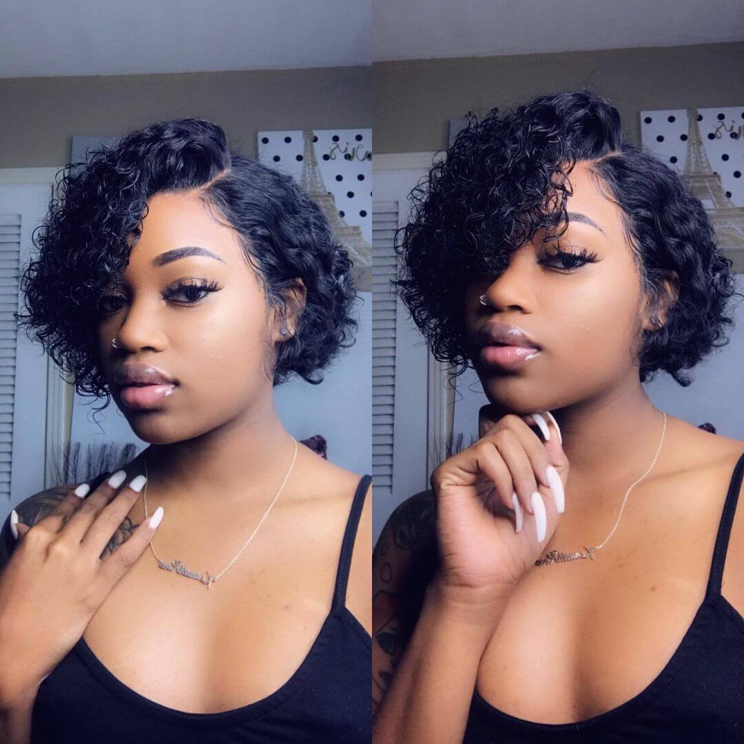 Short Curly Pixie Cut J Part Lace Frontal Wig Pre Plucked Natural Hairline For Women -Geetahair