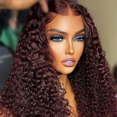 Spanish Curly Colored Wigs Burgundy 13x4 HD Lace Wig Transparent Human Hair Wigs Pre plucked Hairline-Geeta Hair