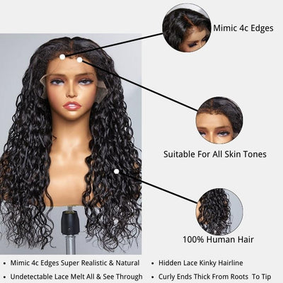 Type 4C Natural Edges Water Wave Free Parting 13x4 Invisible Lace Front Wig With Kinky Baby Hairline - Geeta Hair - GeetaHair