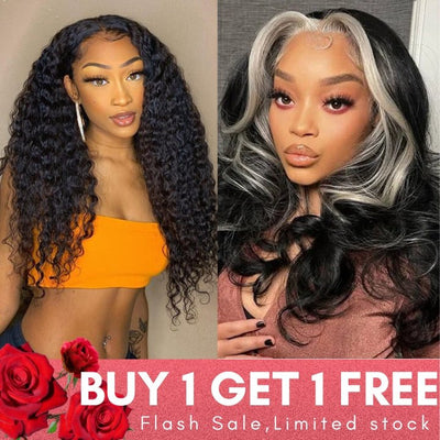 Flash Sale: Buy 180% Density Deep Wave 13*6 HD Lace Wig, Get 4*4 Skunk Stripe Bob Wig For Free - GeetaHair