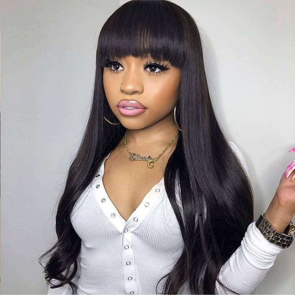 Flash Sale: Long Straight Hair With Bangs Natural Black Hair Wig - GeetaHair